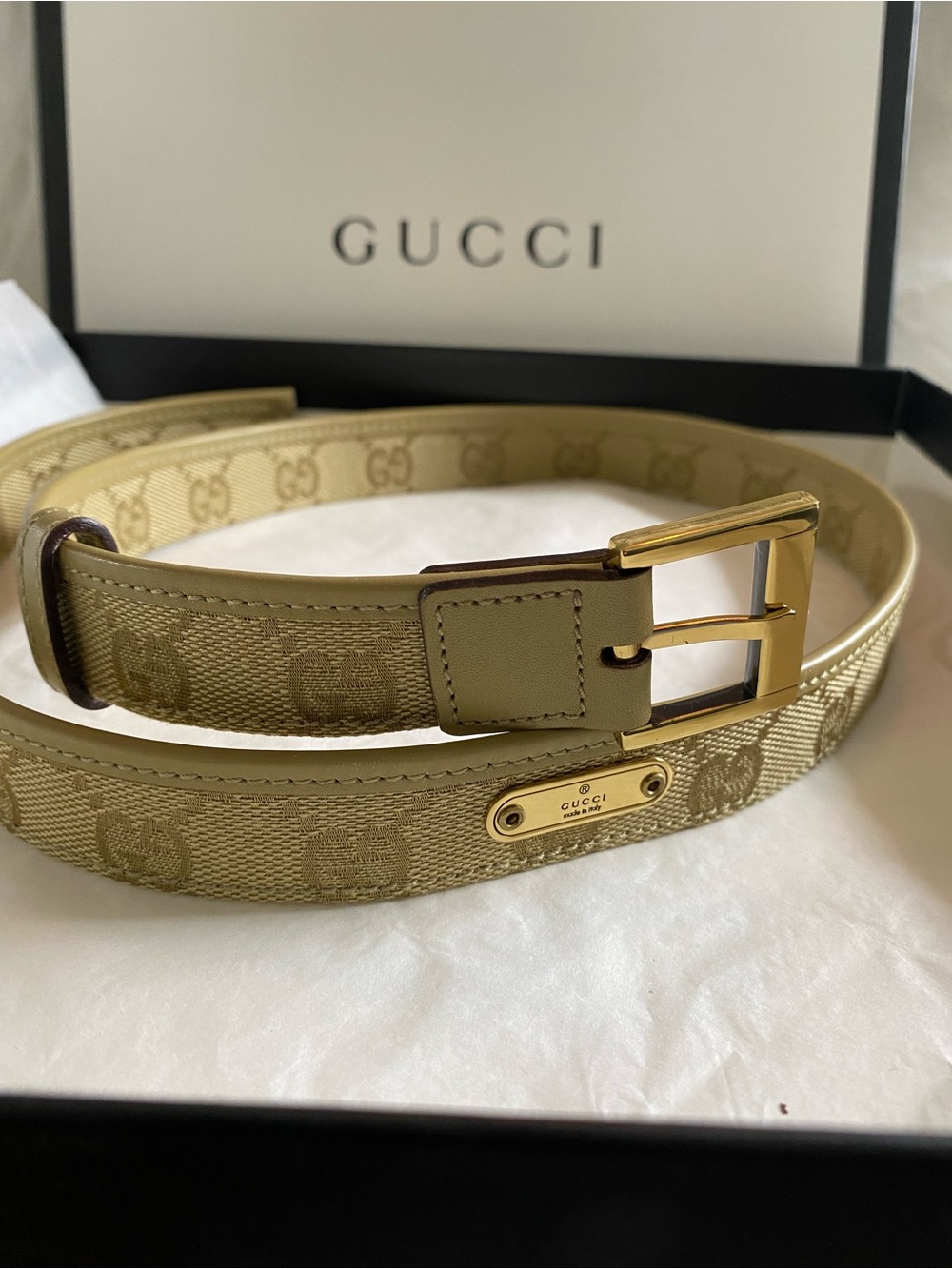 Gucci Belt 34" - Like New with Squared Buckle in Tan Canvas & Leather Authentic